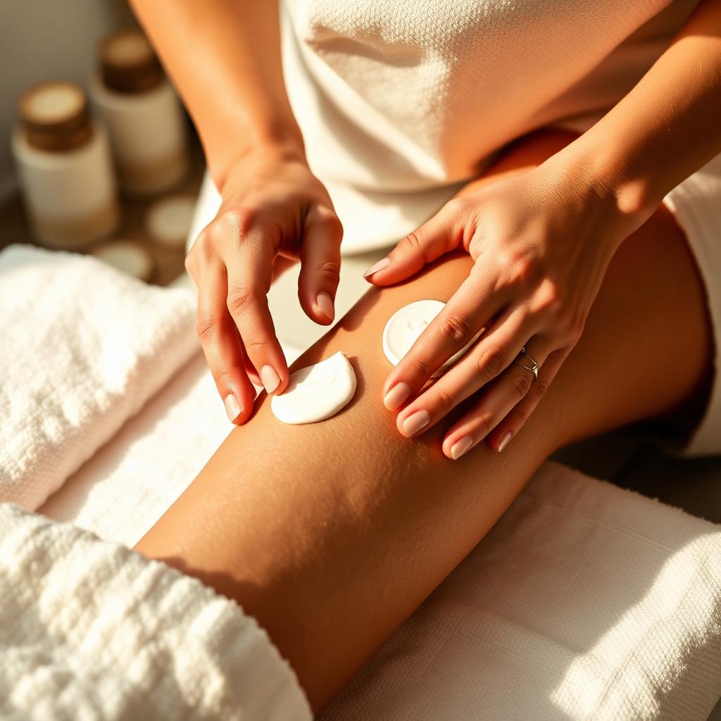 Applying Venovixil vein cream in gentle upward strokes